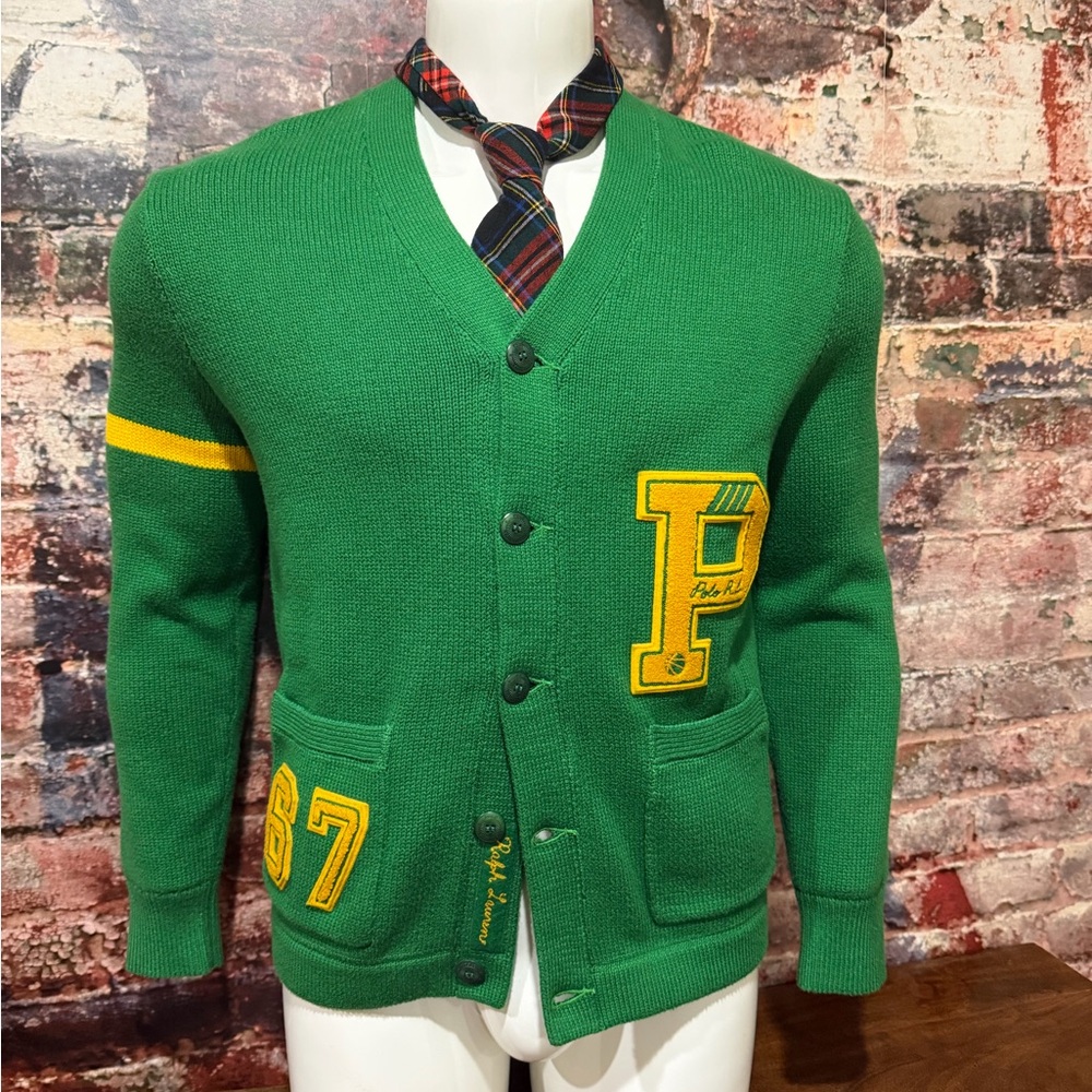 NEW POLO RL Green Cardigan with Yellow Letter P Patch - Picture 4 of 9